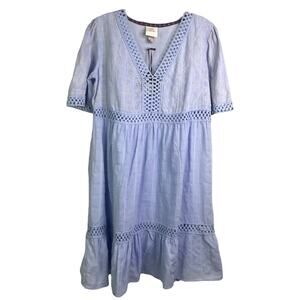 Knox Rose Dress Womens Size Medium Blue Eyelet‎ Peasant V-Neck Short Sleeve NWT